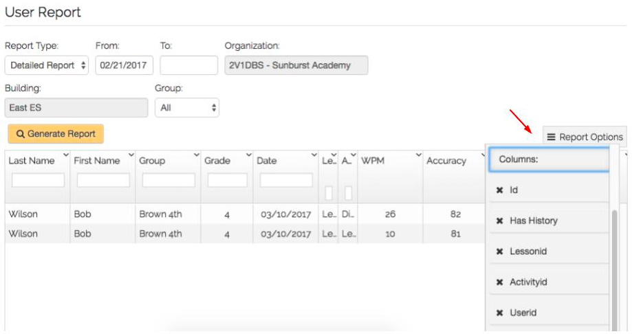 Student typing reports - Show/Hide Columns