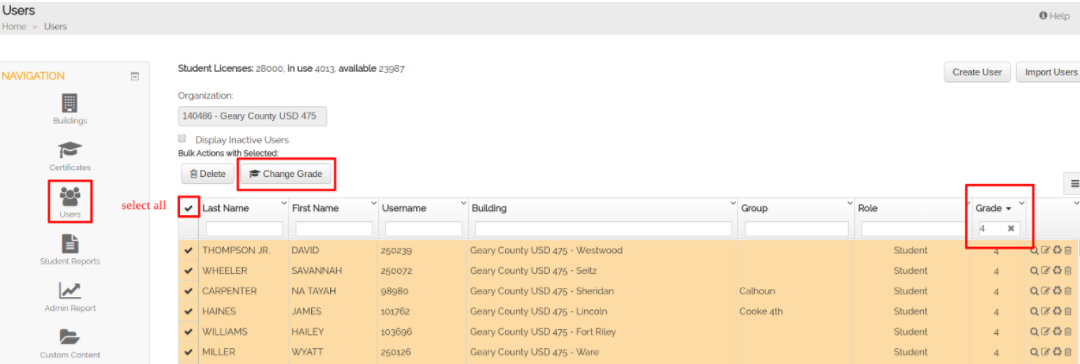 User Management - Change student grade level in bulk