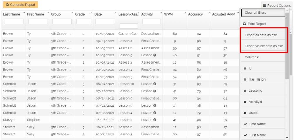 Availble options for exporting student reports.